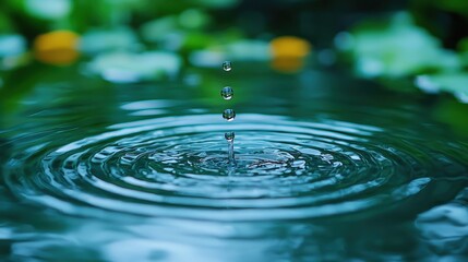 Poster - Closeup of a crystal clear water drop floating in the center of a serene pond