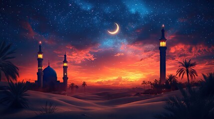 Poster - lanterns in the desert under starry night sky with mosque and crescent moon ramadan kareem illustration blue background