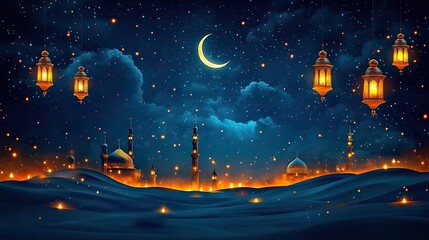 Poster - lanterns in the desert under starry night sky with mosque and crescent moon ramadan kareem illustration