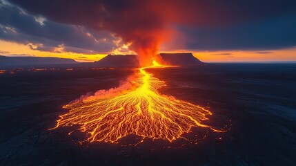 Poster - lava flows from mount fagradalsfjall aerial evening view iceland generative ai