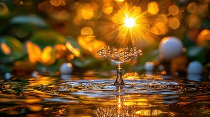 Poster - Stunning water droplet capturing golden light effects in a dreamy background setting
