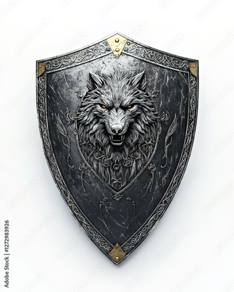 Medieval Fantasy Shield with Ornate Engravings and a Wolf Emblem – Ancient Warrior Armor against an isolated white background