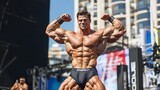 A bodybuilder demonstrating a perfect front double-biceps pose on an outdoor stage