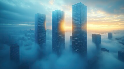 Poster - low angle view of modern skyscrapers shrouded in morning fog with dynamic light and shadow effects symbolizing urban development and economic growth in a futuristic cityscape 3d rendering