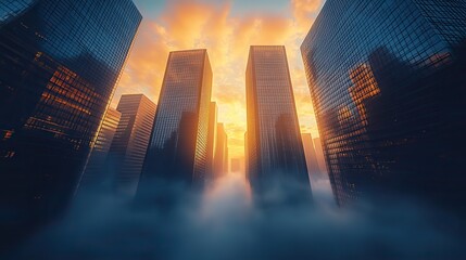 Poster - low angle view of modern skyscrapers shrouded in morning fog with dynamic light and shadow effects symbolizing urban development and economic growth in a futuristic cityscape 3d rendering