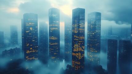Poster - low angle view of modern skyscrapers shrouded in morning fog with dynamic light and shadow effects symbolizing urban development and economic growth in a futuristic cityscape 3d rendering