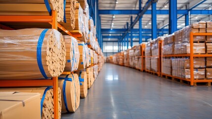 Poster - A warehouse filled with neatly stacked rolls of materials, showcasing an organized storage system with bright lighting and spacious layout.
