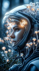 Poster - a futuristic astronaut exploring an alien planet, wearing a high-tech spacesuit with illuminated det