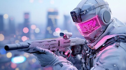 Poster - A cybernetic warrior in an advanced exo-suit, wielding an energy weapon, standing against a dystopian city skyline, futuristic armor with glowing circuits, battle-ready stance, sci-fi action scene,