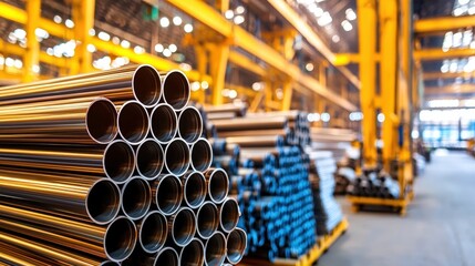 Poster - A warehouse filled with neatly stacked metal pipes, showcasing industrial organization and vibrant yellow infrastructure.