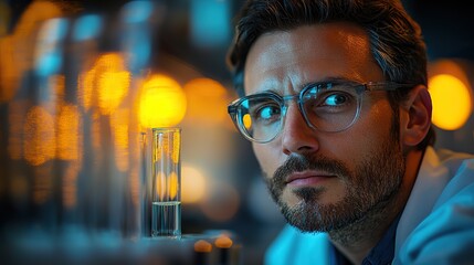 Poster - male scientist in a laboratory examining a test tube with a clear solution during medical research or scientific experiment focusing on advanced chemical analysis and discovery