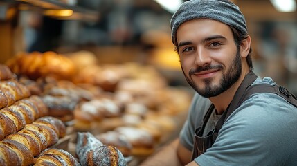 Poster - man working on digital devices to manage online business orders in a busy bakehouse setting
