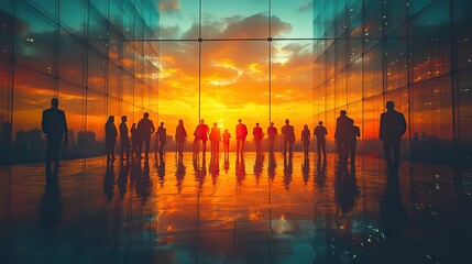 Poster - many business people conference group meeting on city office building in background showing partnership success of business deal silhouette silhouettes of people at sunset generative ai