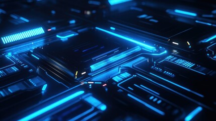 Poster - Futuristic close-up of glowing blue circuit board technology with intricate patterns and details