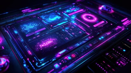 Poster - Futuristic control panel with glowing neon displays and intricate digital patterns in a dark setting