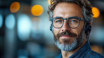 Poster - mature professional customer support representative engaging in client communication via headset in a modern office environment providing expert assistance and solutions in a corporate setting