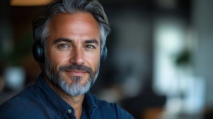 Poster - mature professional customer support representative engaging in client communication via headset in a modern office environment providing expert assistance and solutions in a corporate setting