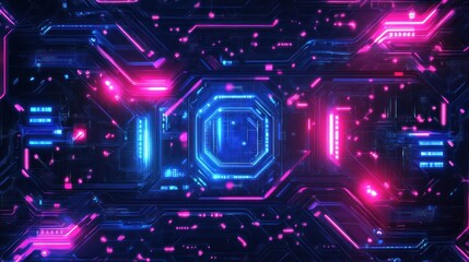 Poster - Futuristic digital circuit board with glowing blue and pink lights, showcasing advanced technology