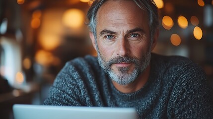 Poster - middle aged man working on laptop at kitchen table in modern home setting casual workspace with natu