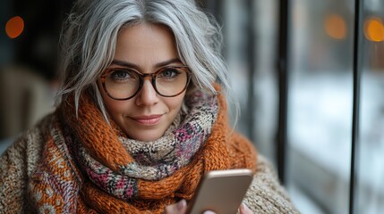 Poster - middle aged woman interacting with smartphone engaging in social media and internet browsing on transparent background ideal for technology and lifestyle themes