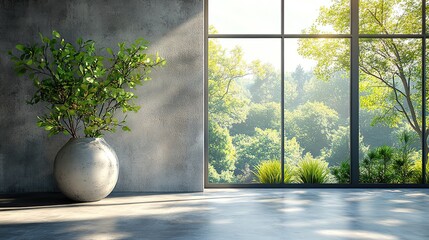Poster - minimalist living room decor with green branch in glass vase and concrete wall modern home interior design with copy space
