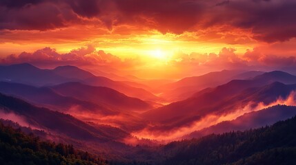 Poster - misty mountains at sunset high definition phone wallpaper with warm orange and yellow tones