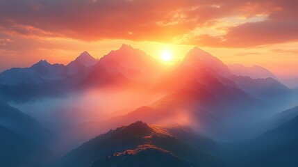 Poster - misty mountains at sunset high definition phone wallpaper with warm orange and yellow tones