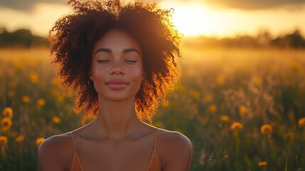Poster - mixed race woman enjoying nature and meditating in lotus pose at golden hour