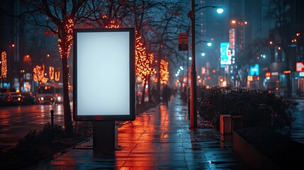 Poster - mockup of a blank white vertical billboard on a sidewalk at night with street lights and buildings in the background