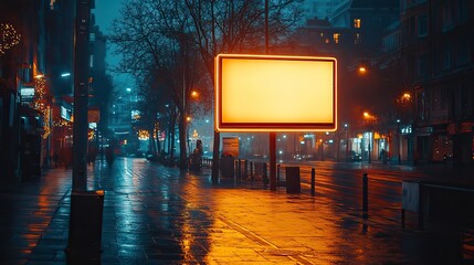 Poster - mockup of a blank white vertical billboard on a sidewalk at night with street lights and buildings in the background
