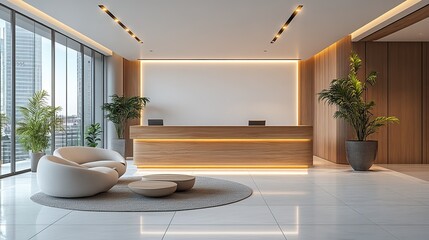 Poster - modern and spacious office lobby design with sleek furniture and clean white wall ideal for corporate and creative business settings