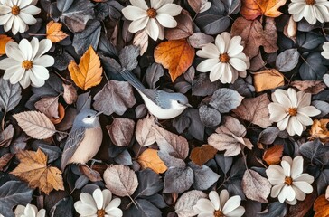 Wall Mural - A Symphony of Autumn and Serenity: A beautiful overhead shot, featuring a tranquil composition of delicate white flowers, colorful fall leaves, and small birds creating a serene and beautiful scene.