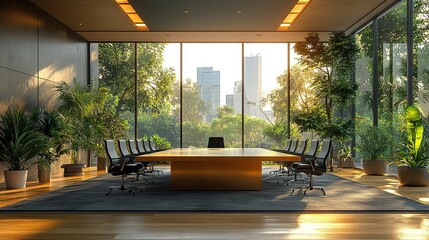 Poster - modern empty meeting room with large conference table and office chairs featuring natural lighting and contemporary design