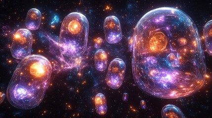 Poster - A dynamic group of colorful purple and blue bubbles floating against a clean background