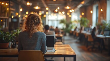 Poster - modern open plan business office interior with professionals in casual attire working collaboratively minimalistic decor and soft focus bokeh lights in the background