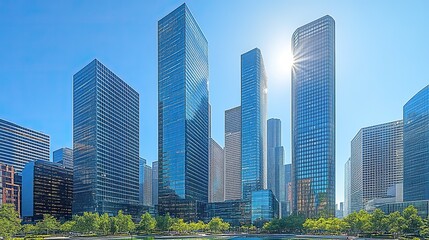 Poster - modern urban skyline with reflective glass skyscrapers and business office buildings under clear blue sky showcasing contemporary architecture and corporate environment