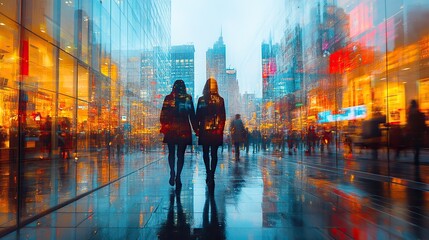 Poster - motion blurred couple walking on busy shopping street with colorful storefronts and pedestrians in background
