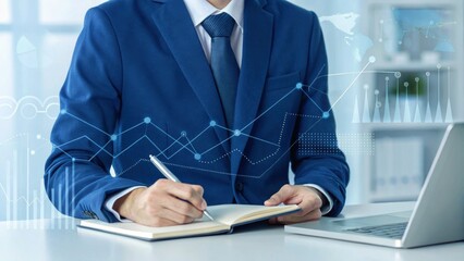 Leinwandbilder - A businessman in a blue suit is writing in a notebook while working on a laptop, with digital graphs overlaying the scene.