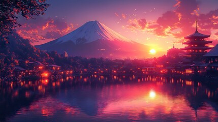 Poster - mount fuji in the twilight a stunning anime style illustration of japan s iconic volcano from a cityscape perspective