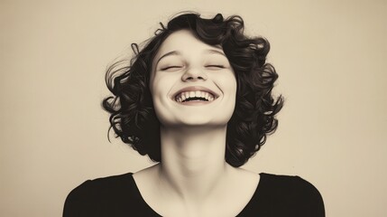 Wall Mural - Beautiful smiling woman with curly hair laughing, vintage poster style. The background features a soft, distressed texture, mimicking aged paper or an old printed poster. 