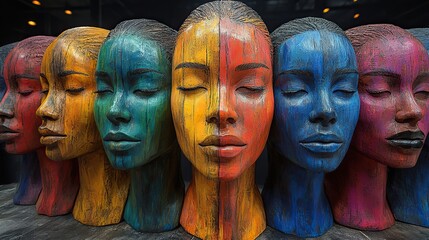 Poster - multicolored wooden head sculpture representing cultural diversity and inclusion