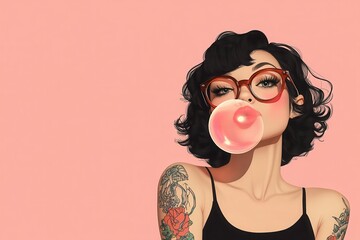 Wall Mural - ine art illustration of a rockabilly woman with short, curly hair and cat-eye glasses, blowing a large bubble gum bubble. 