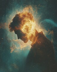 Poster - Ethereal transformation of human essence digital realm surreal art cosmic environment profile view spiritual concept