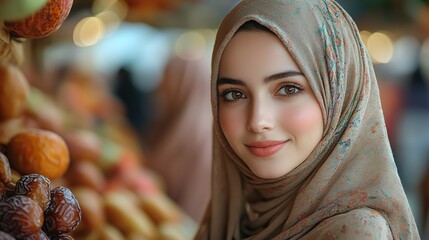 Poster - muslim women in hijab celebrating eid al fitr with gift and dates