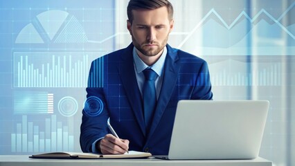 Leinwandbilder - A focused businessman analyzes data on a laptop, surrounded by digital graphs and charts, highlighting a modern work environment.