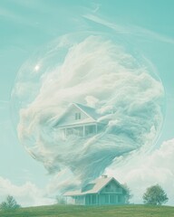 Poster - Surreal dream home in cloud bubble fantasy landscape digital art peaceful environment aerial view imagination