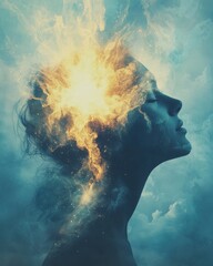 Poster - Igniting creativity imaginative portrait of a woman with fiery thoughts digital art fantasy environment close-up conceptual exploration