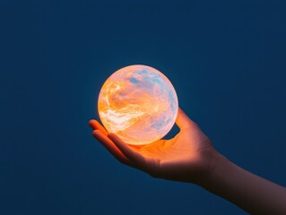 Poster - Illuminated crystal sphere held in hand night sky conceptual art mystical environment close-up view