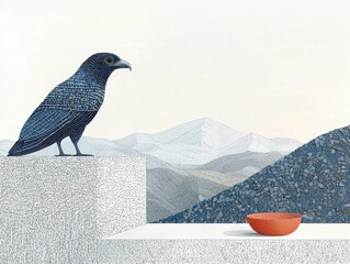 Poster - Raven observing clay bowl in serene mountain landscape art nature minimalist outdoor artistic perspective