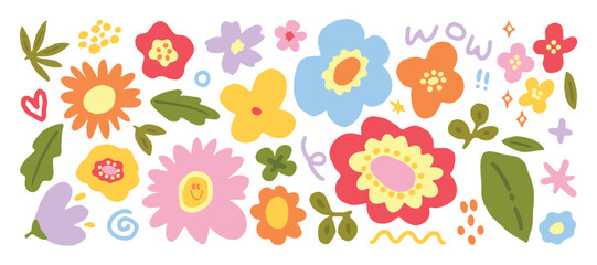 Wall Mural - set of cute flower spring and summer element vector. hand drawn collection of tulip, leaves, sunflow